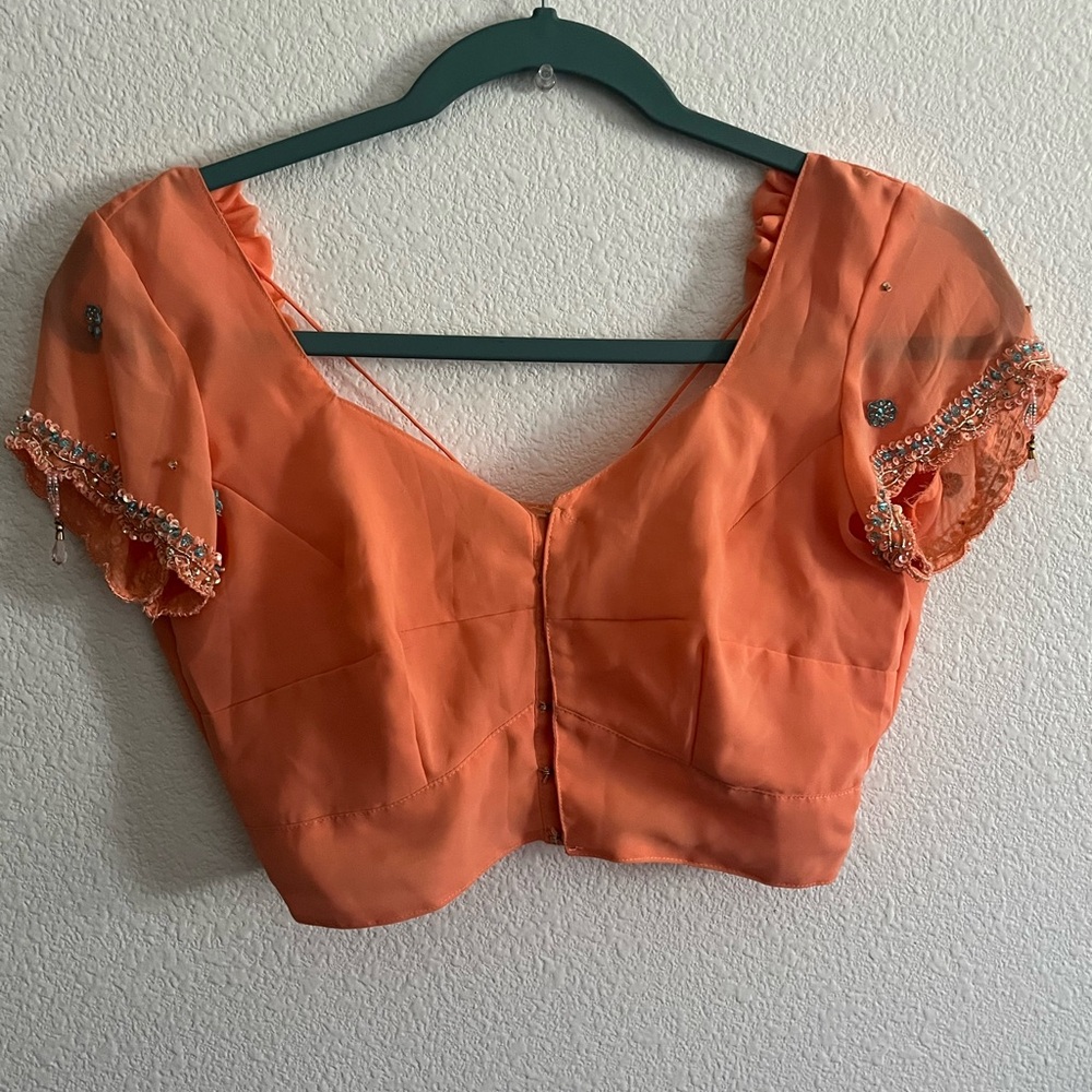 Orange Cropped Puff Sleeve Blouse with Embellishments